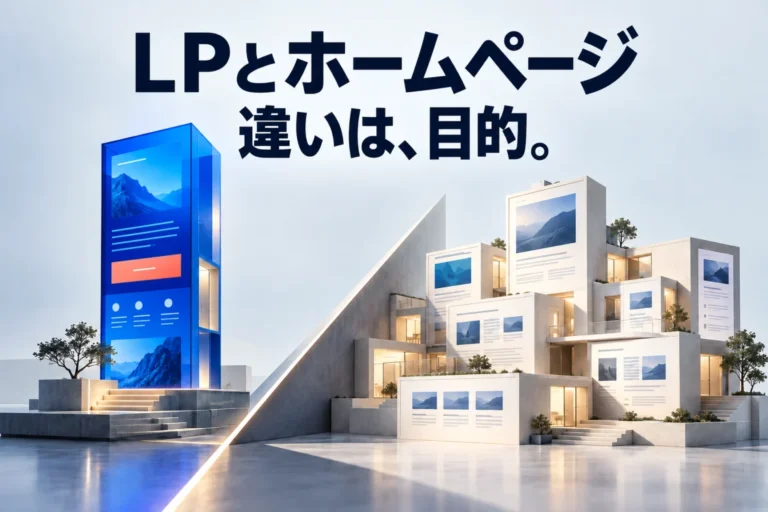 LPとホームページ、違いは目的。単独の青い塔と複数の白い建築で役割を比較