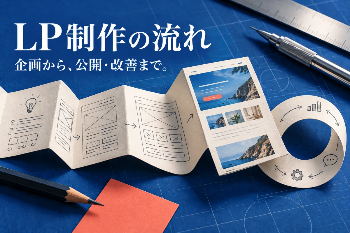 LP制作の流れ。企画から公開・改善までを連続したページで表現