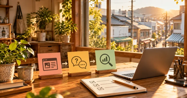 Webページの整理、顧客の疑問への回答、効果の確認を3枚のカードで示す中小企業のAIO対策